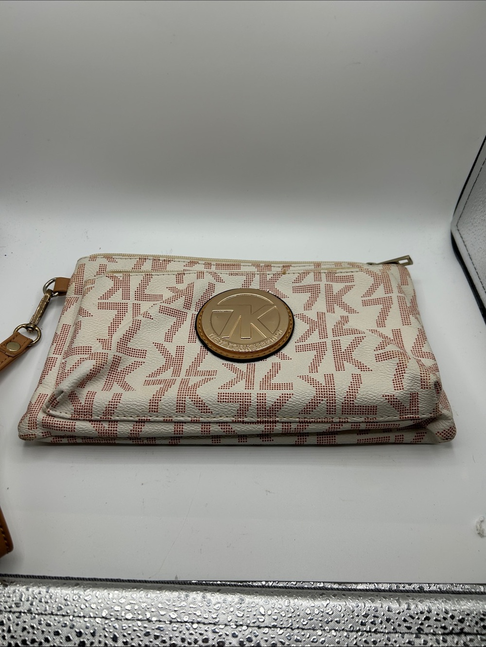 New York  Cream and Pink Logo Wristlet